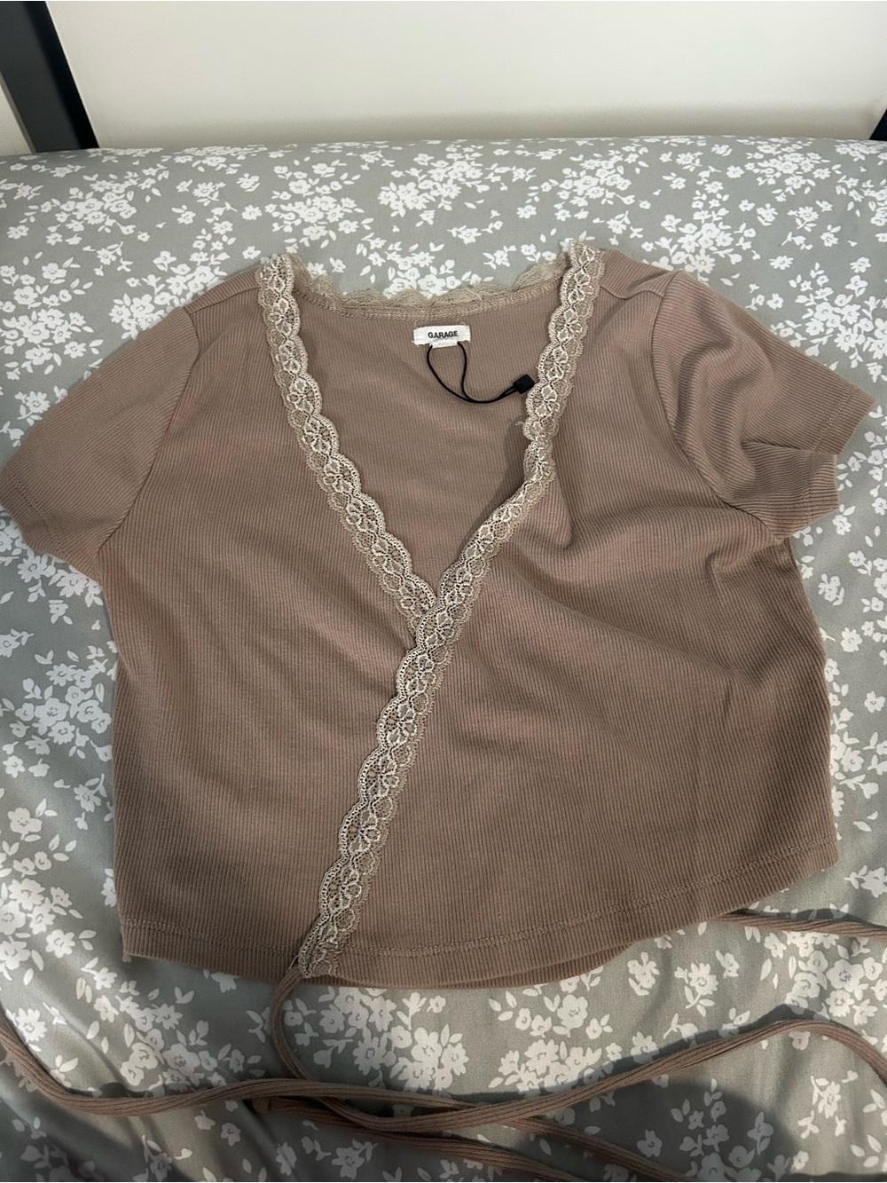 Garage Taupe Lace-Trim Wrap Crop Top